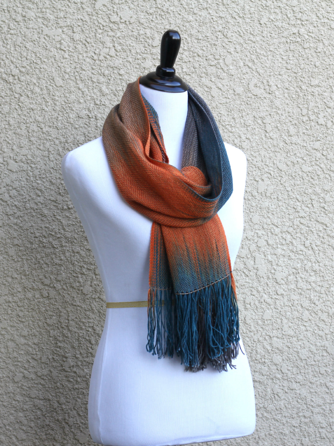 Woven scarf in teal, orange and beige colors, gift or her