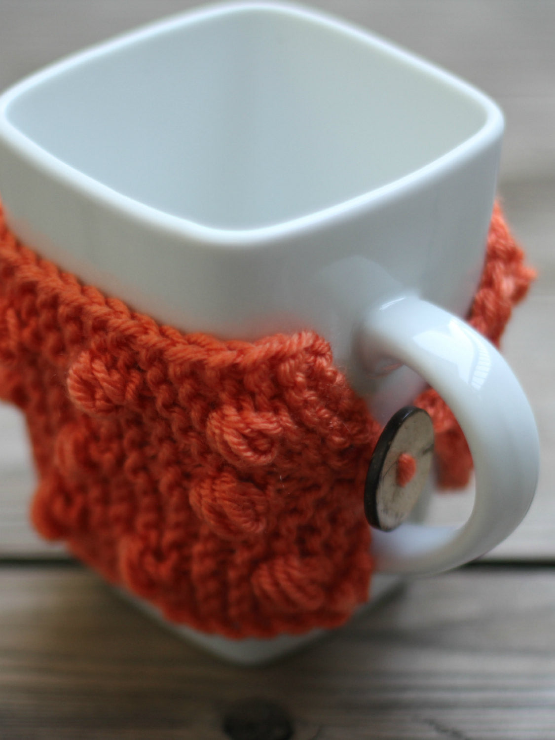 Knit mug cozy with nupps orange carrot cup cozy, bobbles cup cozy knitted cup cozy