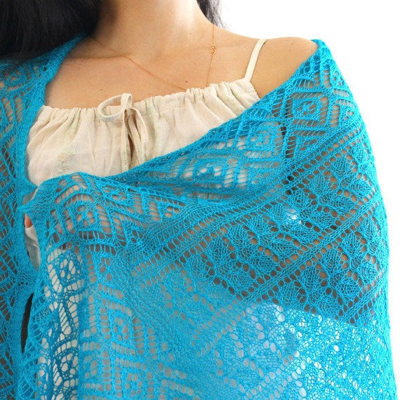 Knit shawl, laced scarf in turquoise color, gift for her – KGThreads
