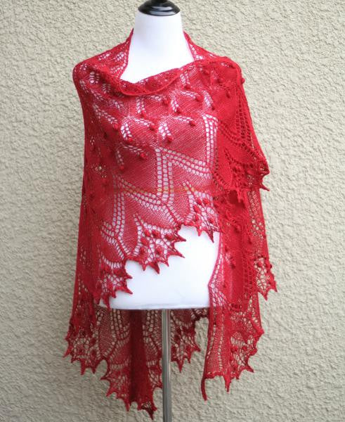 Knit lace shawl in pink coral color with nupps
