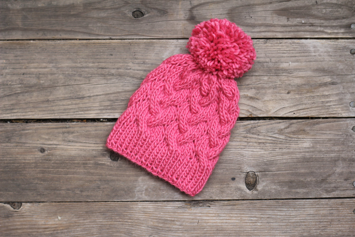 Knit cabled hat for women in rose pink color with pompom – KGThreads