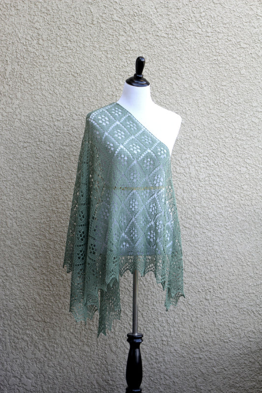 Knitted lace shawl in olive green