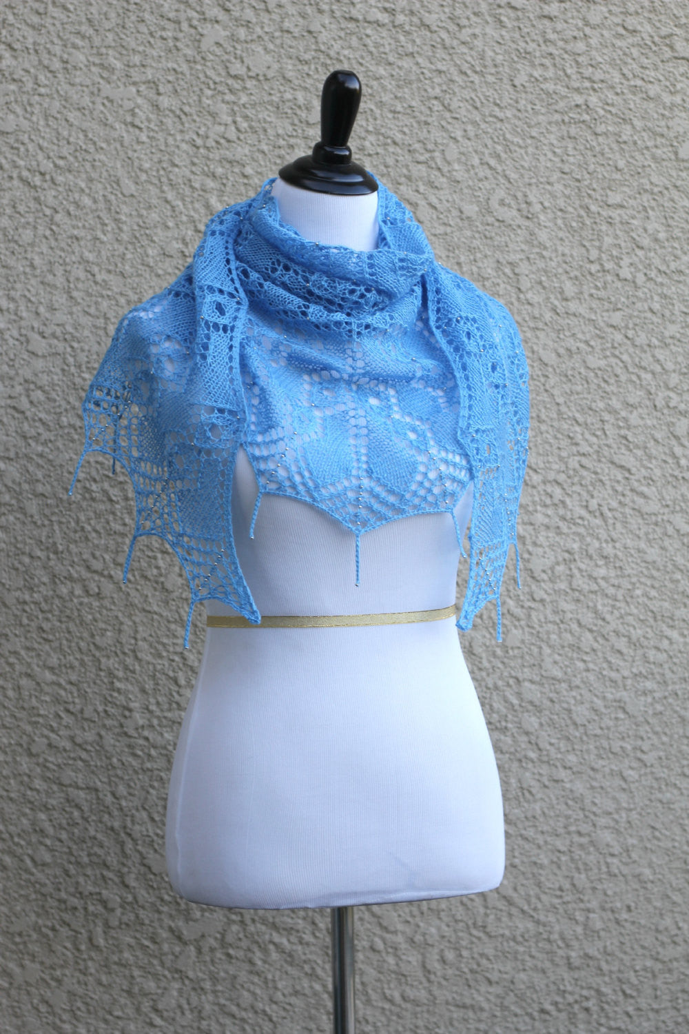 Knit shawl with beads in blue color, laced shawl, gift for her