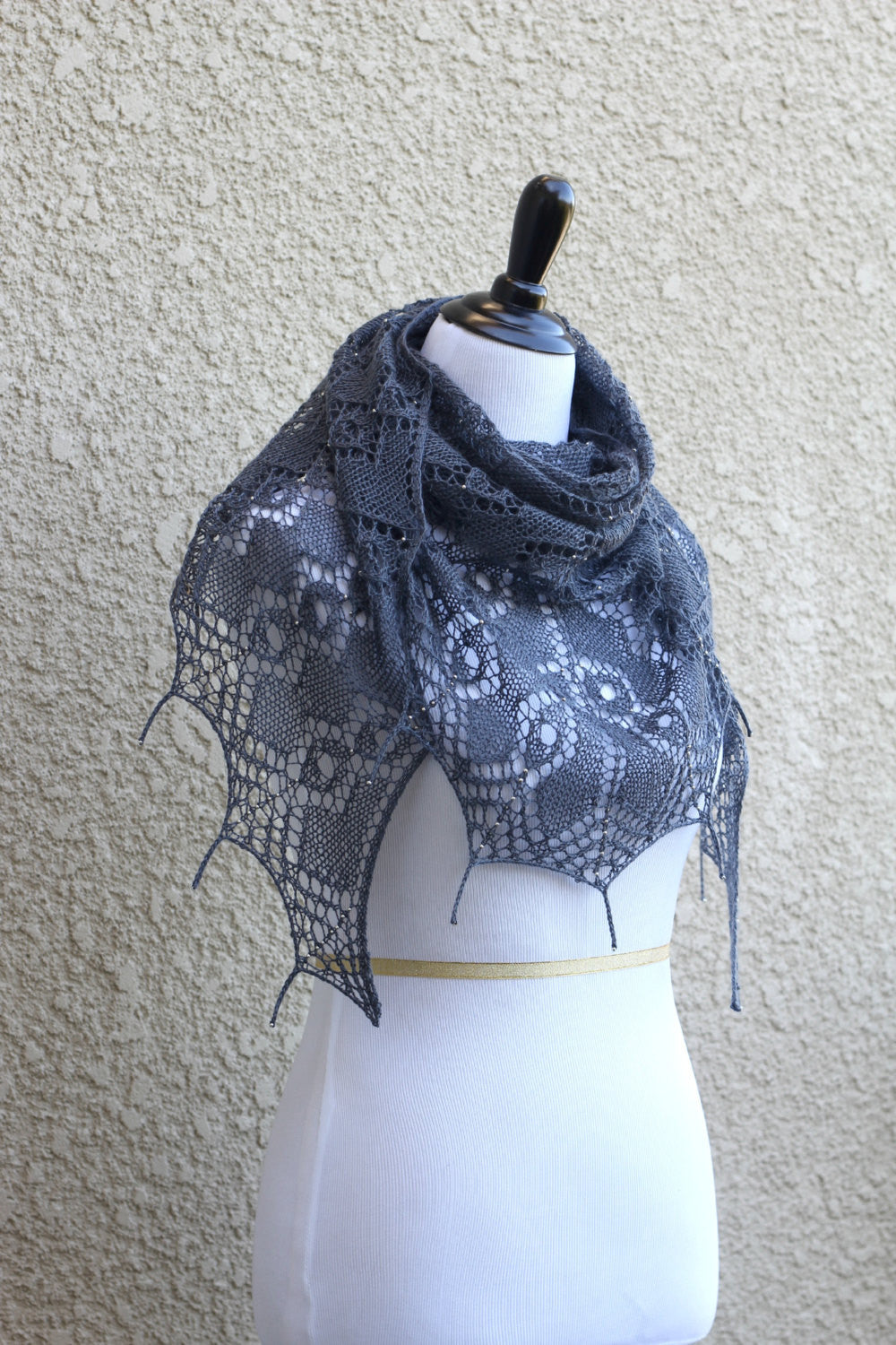 Knitting pattern - Morning Dew shawl with beads and tails