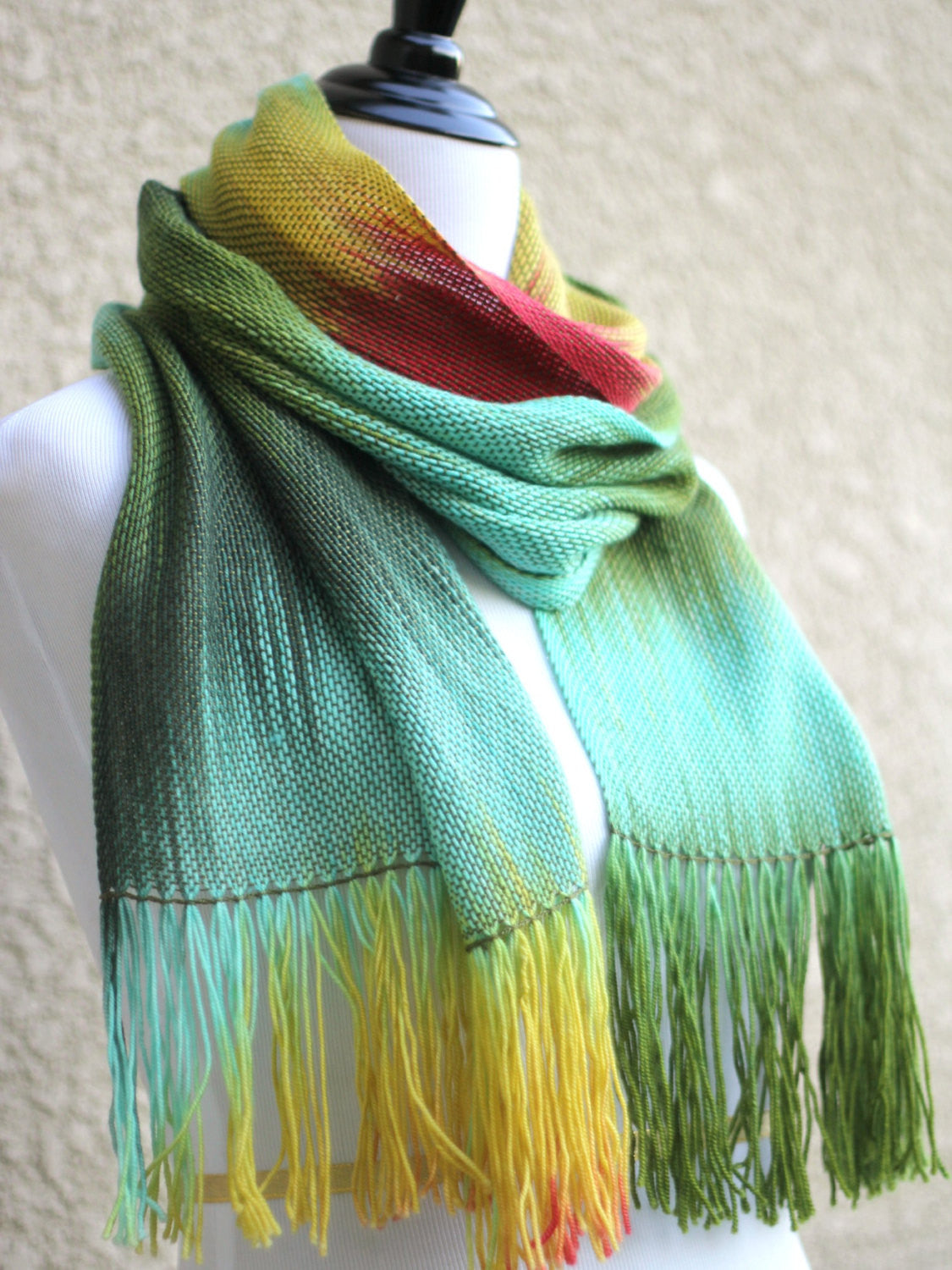 Hand woven scarf in mint green and yellow colors – KGThreads
