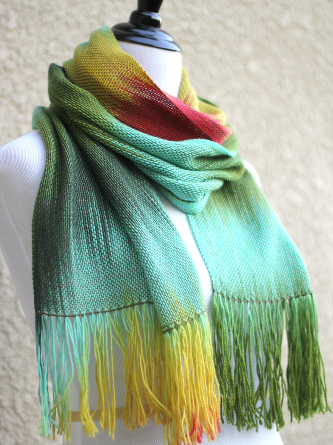 Hand woven long scarf gradient color green mint yellow red with fringe