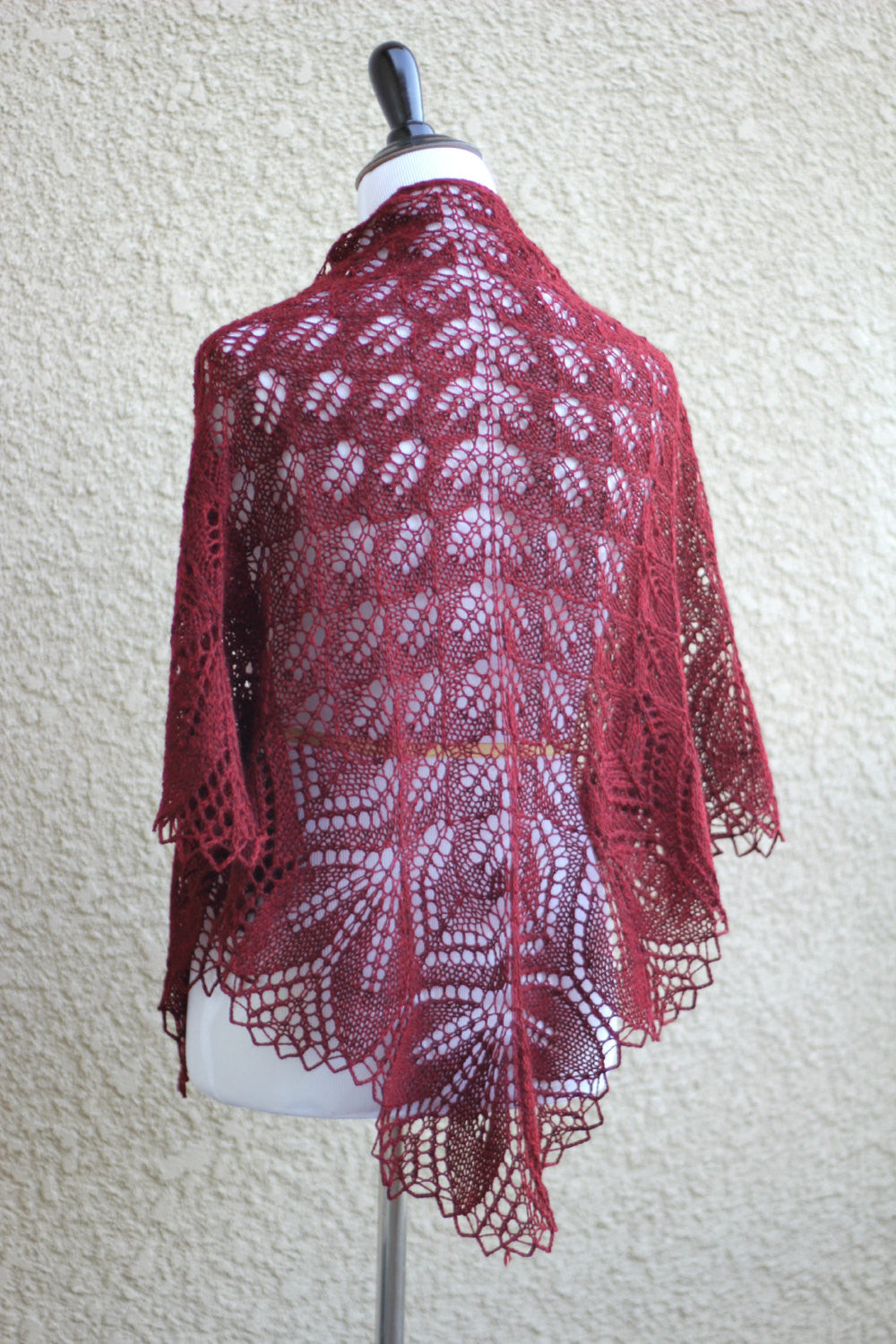 Knitted lace shawl in marsala color